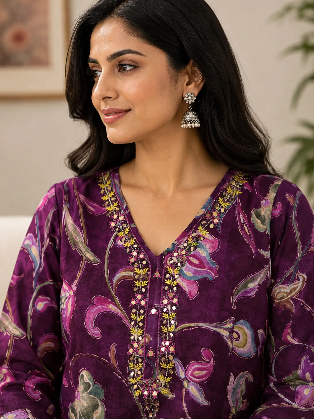 Purple Floral Embroidered Kurti