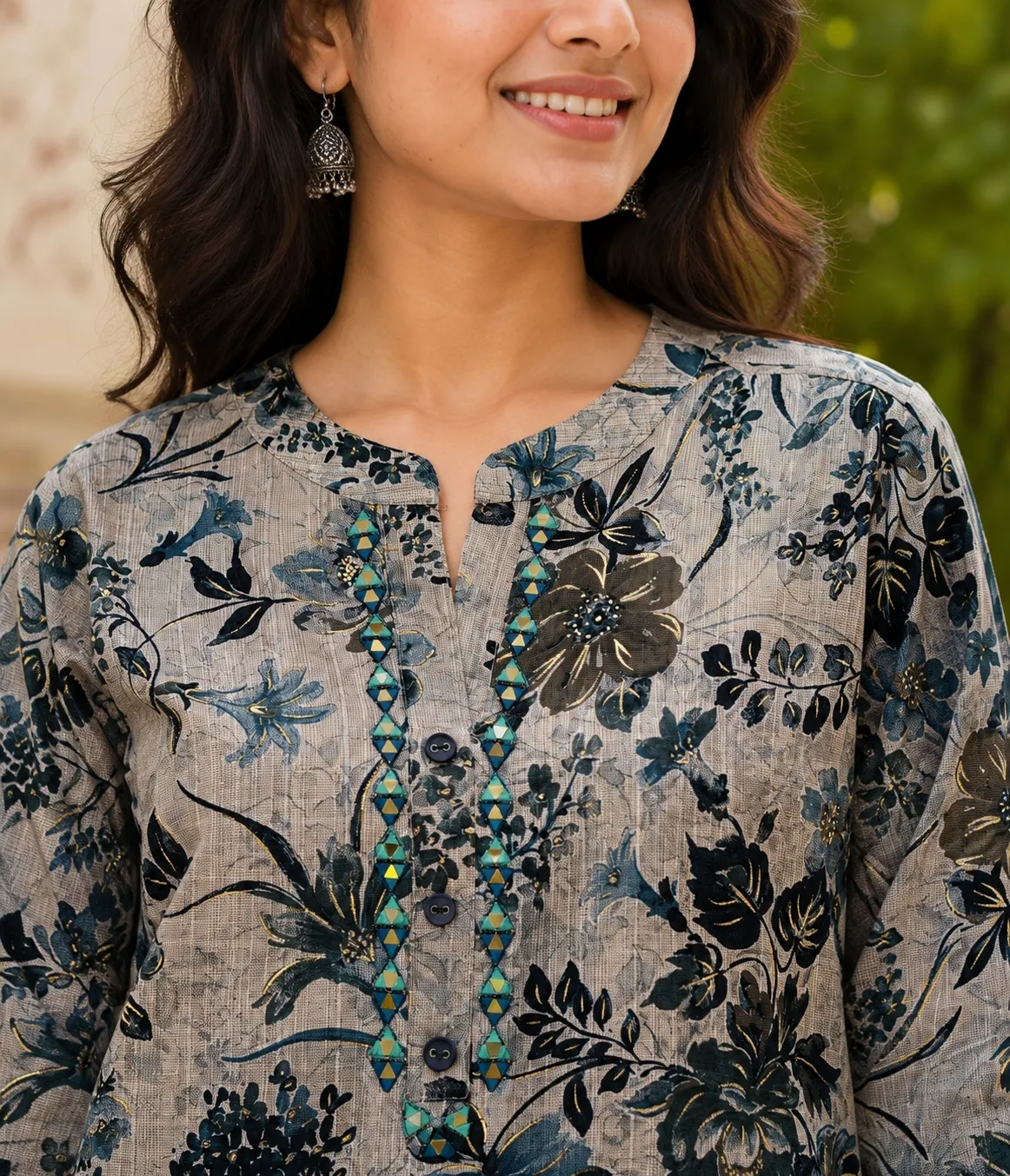 Grey Floral Rayon 3/4 Sleeve Top