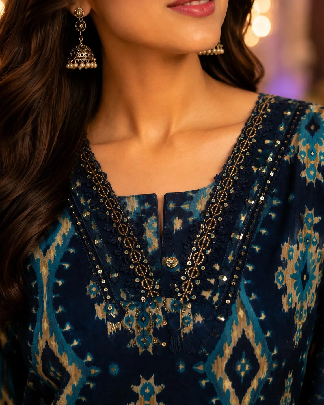 Navy Blue Ikat Printed Embellished V Neck Garment