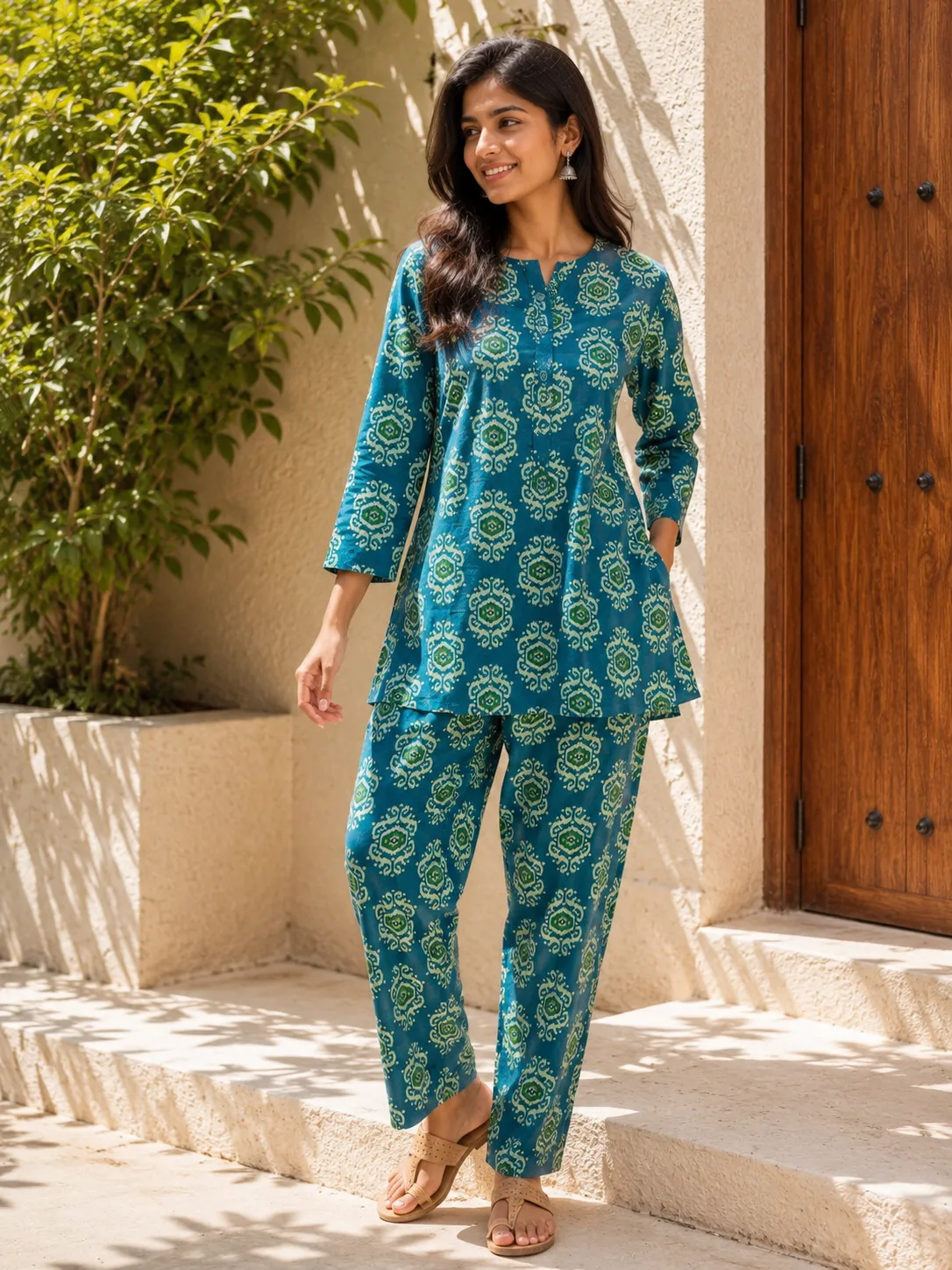 Teal Block Print Cotton Tunic & Pant Set
