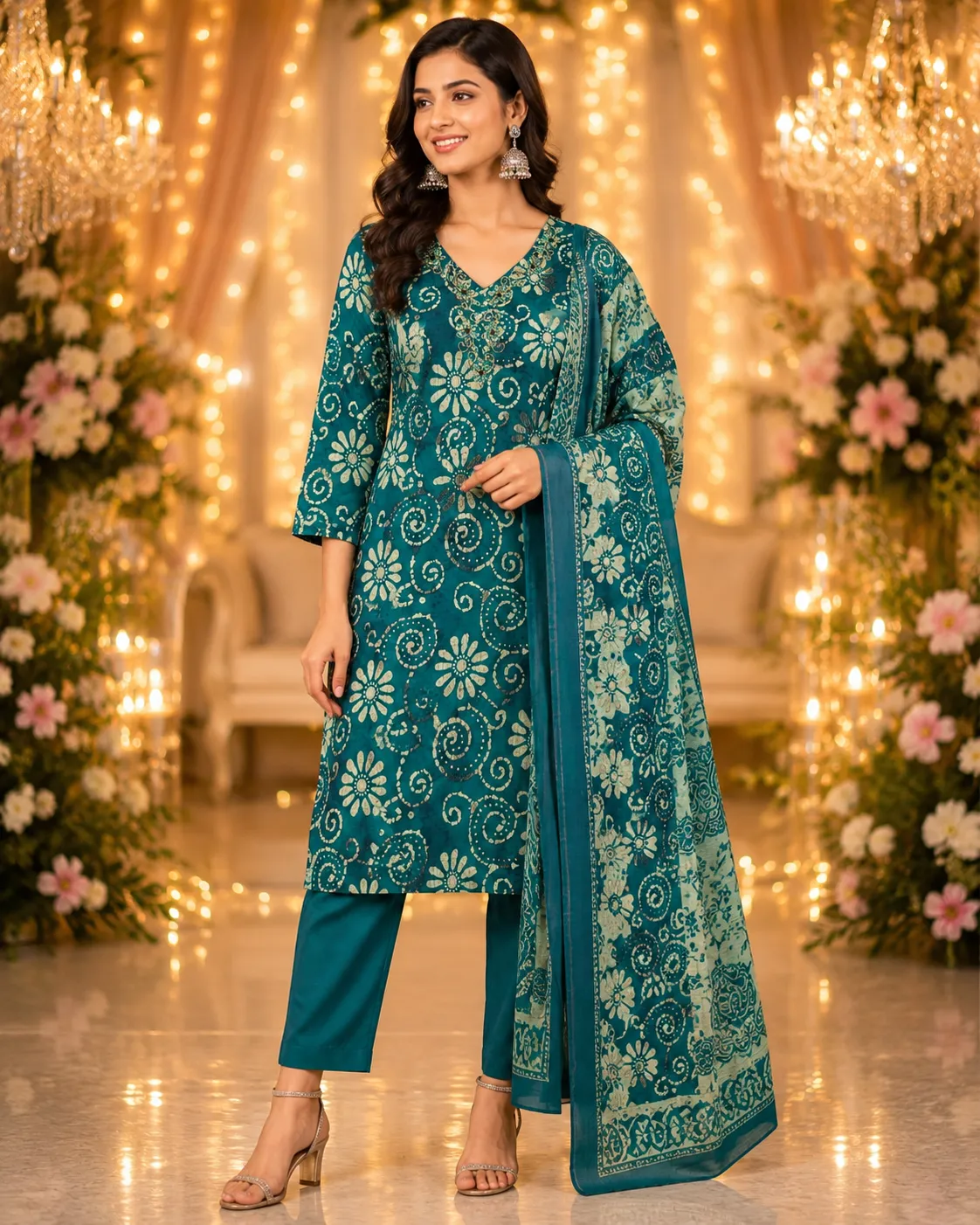 Green Floral Printed Rayon Kurta with Pants & Dupatta Set