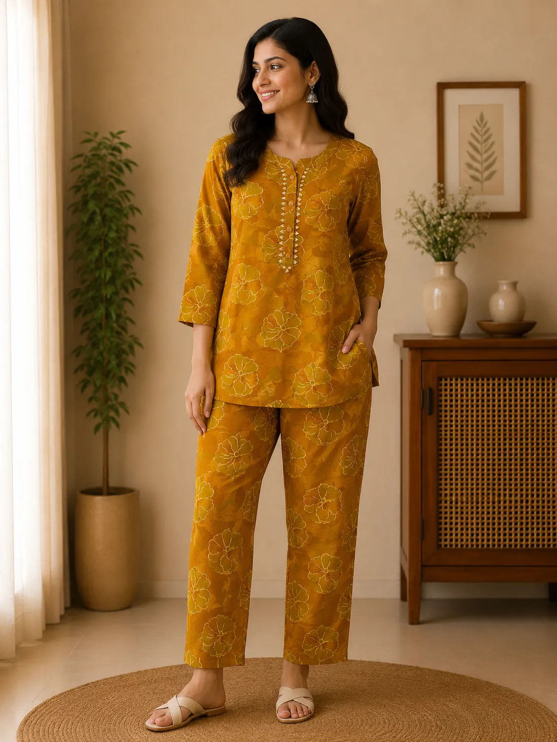 Mustard Floral Print Cotton Kurta with Pants Set
