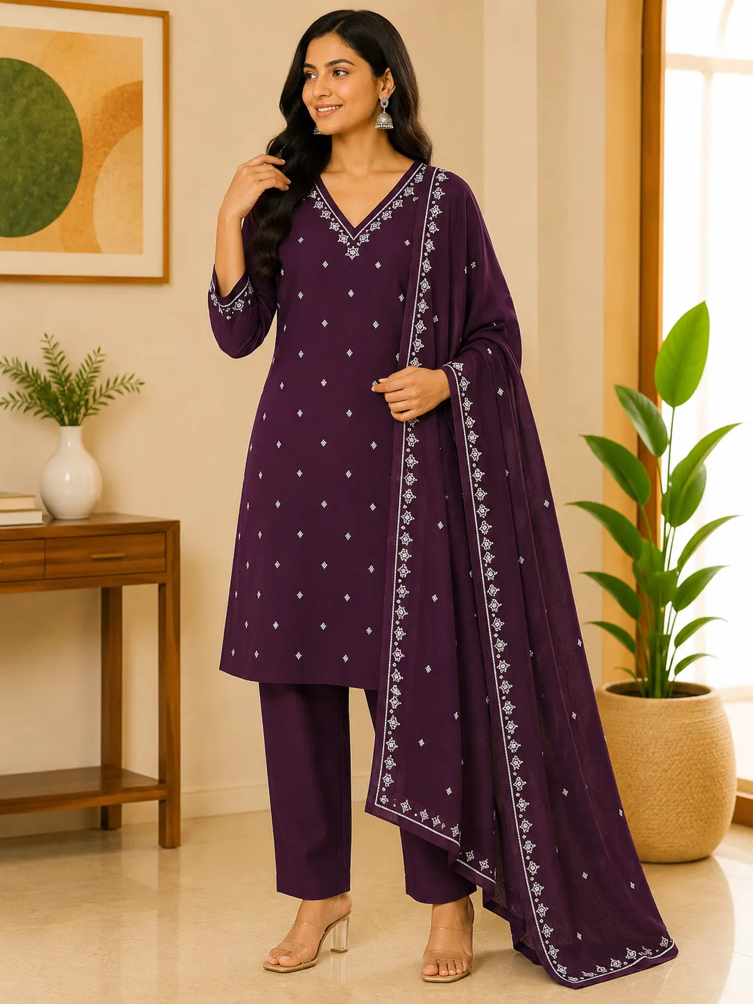 Purple Rayon Thread Work Kurta Set with Dupatta