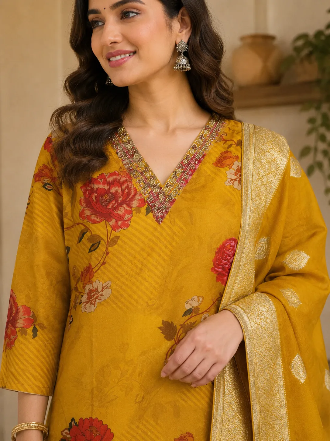 Golden Bloom Floral Kurta Set with Banarasi Dupatta