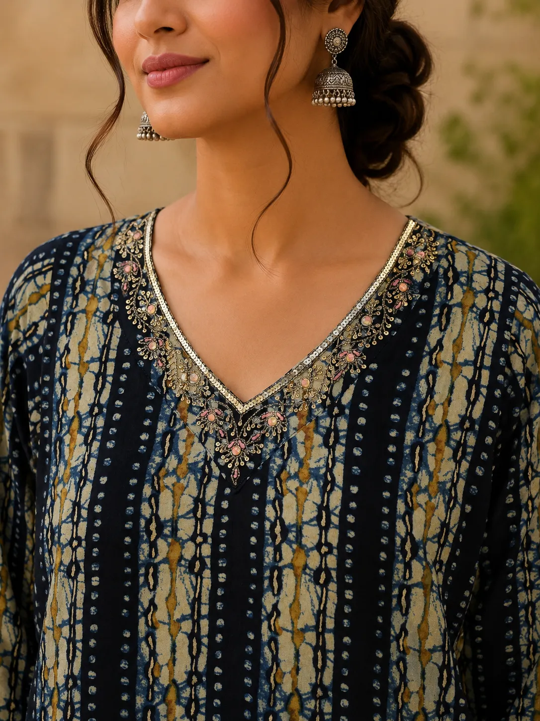 Navy Blue Abstract Print Rayon Kurti