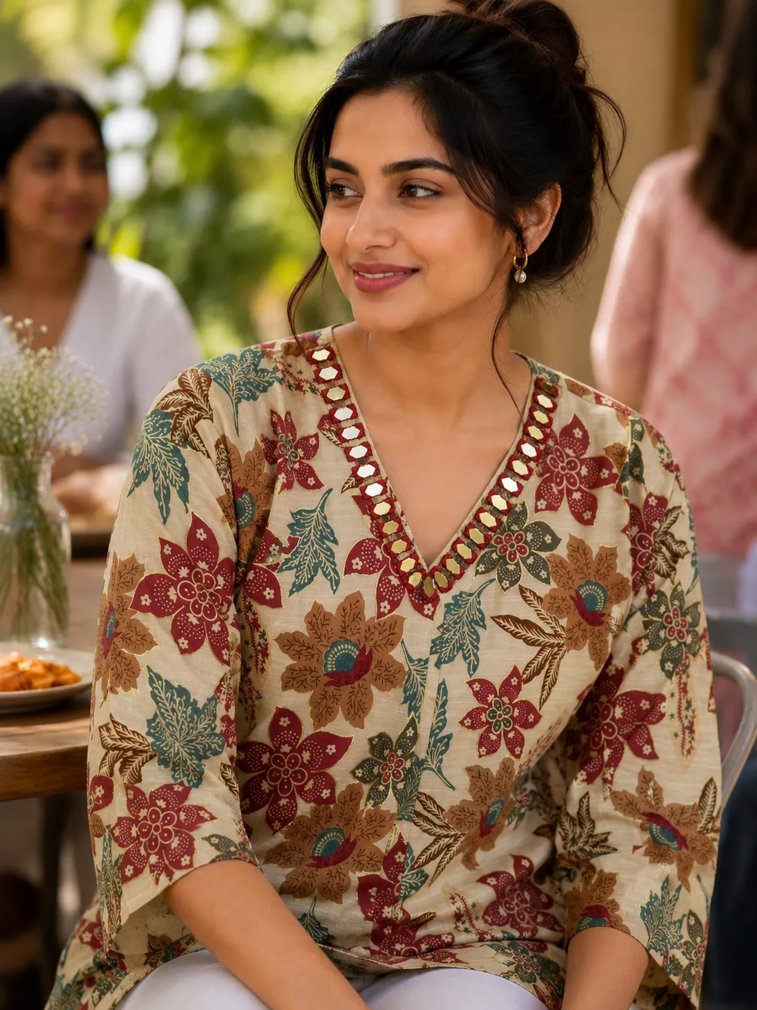 Beige Floral Print Tunic with Mirror Work
