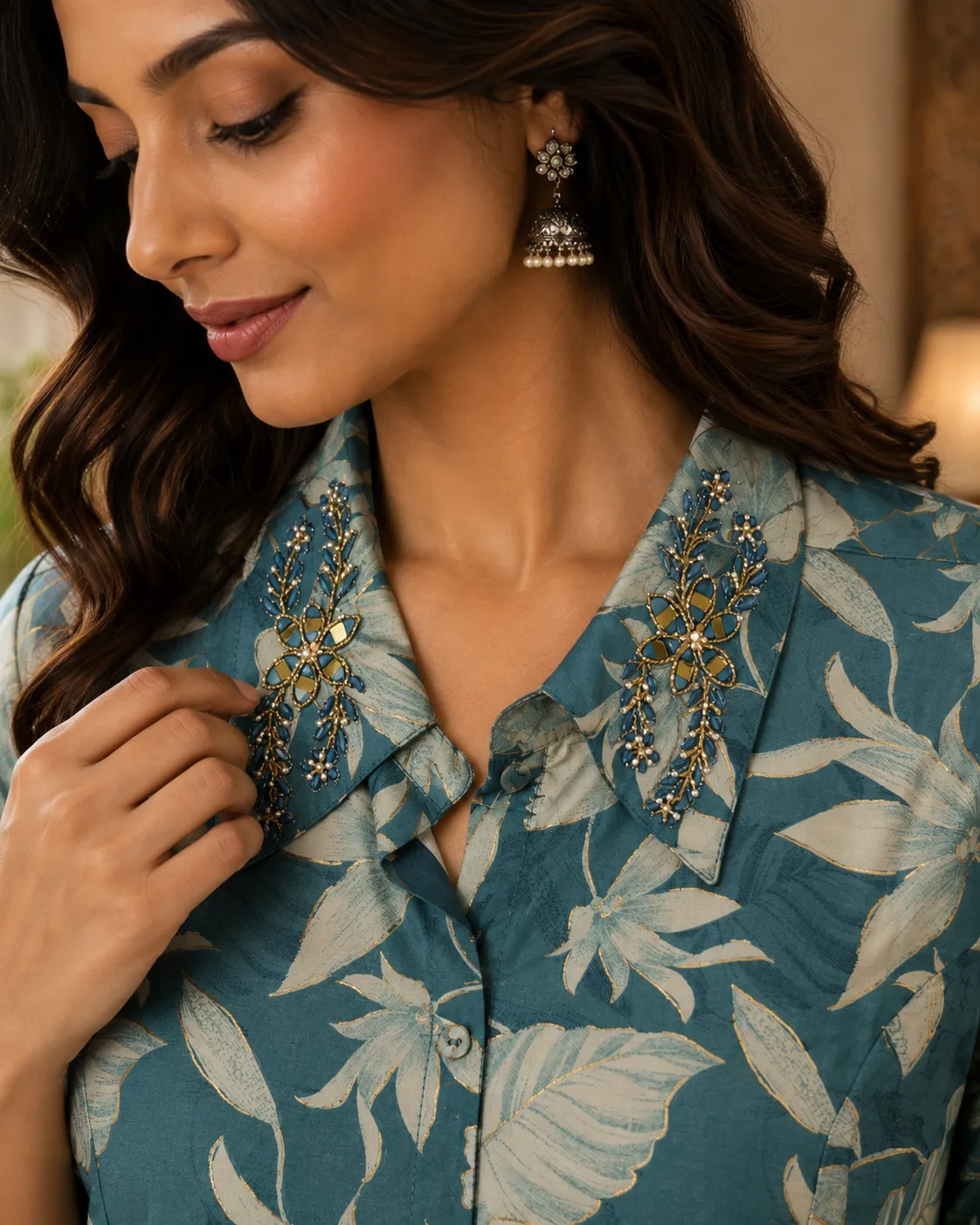 Blue Floral A-Line undefined with Embellished Collar
