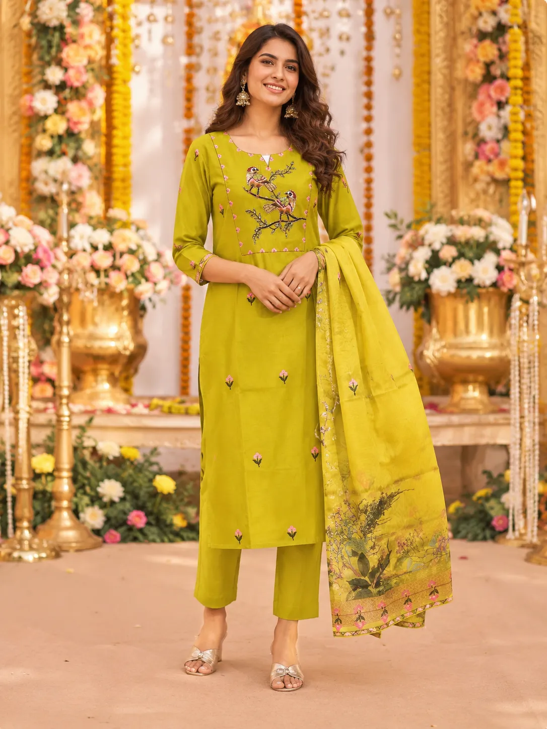 Green Embroidered undefined Set with Digital Print Dupatta