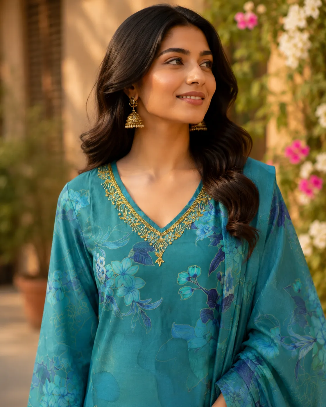 Teal Blue Floral Printed Viscose SKD Set with Embroidery