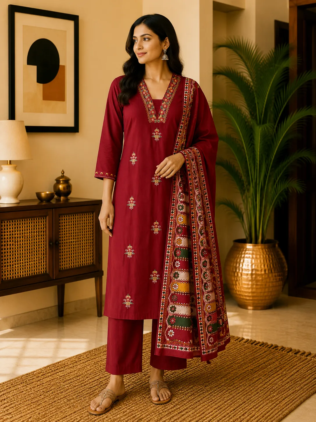 Maroon Embroidered Undefined Kurta Set