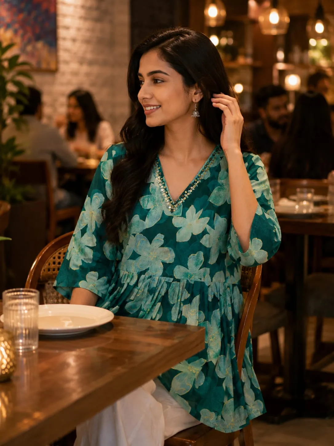 Green Floral Print V-Neck Tunic