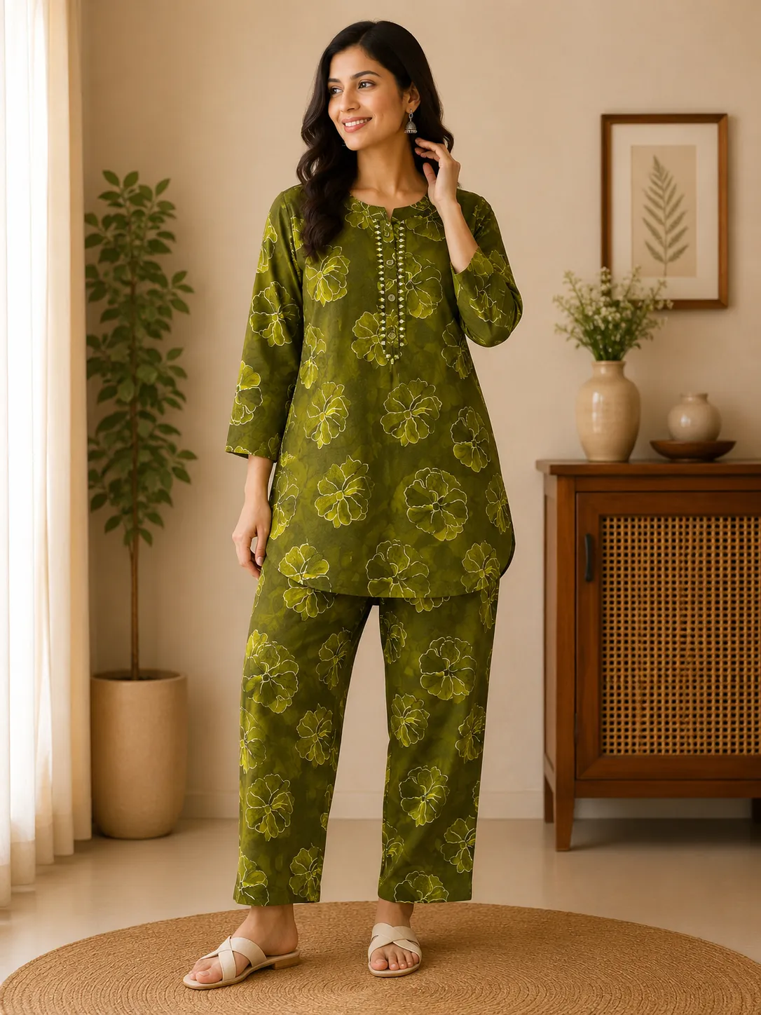 Women's Olive Green Floral Print Cotton Kurta Set