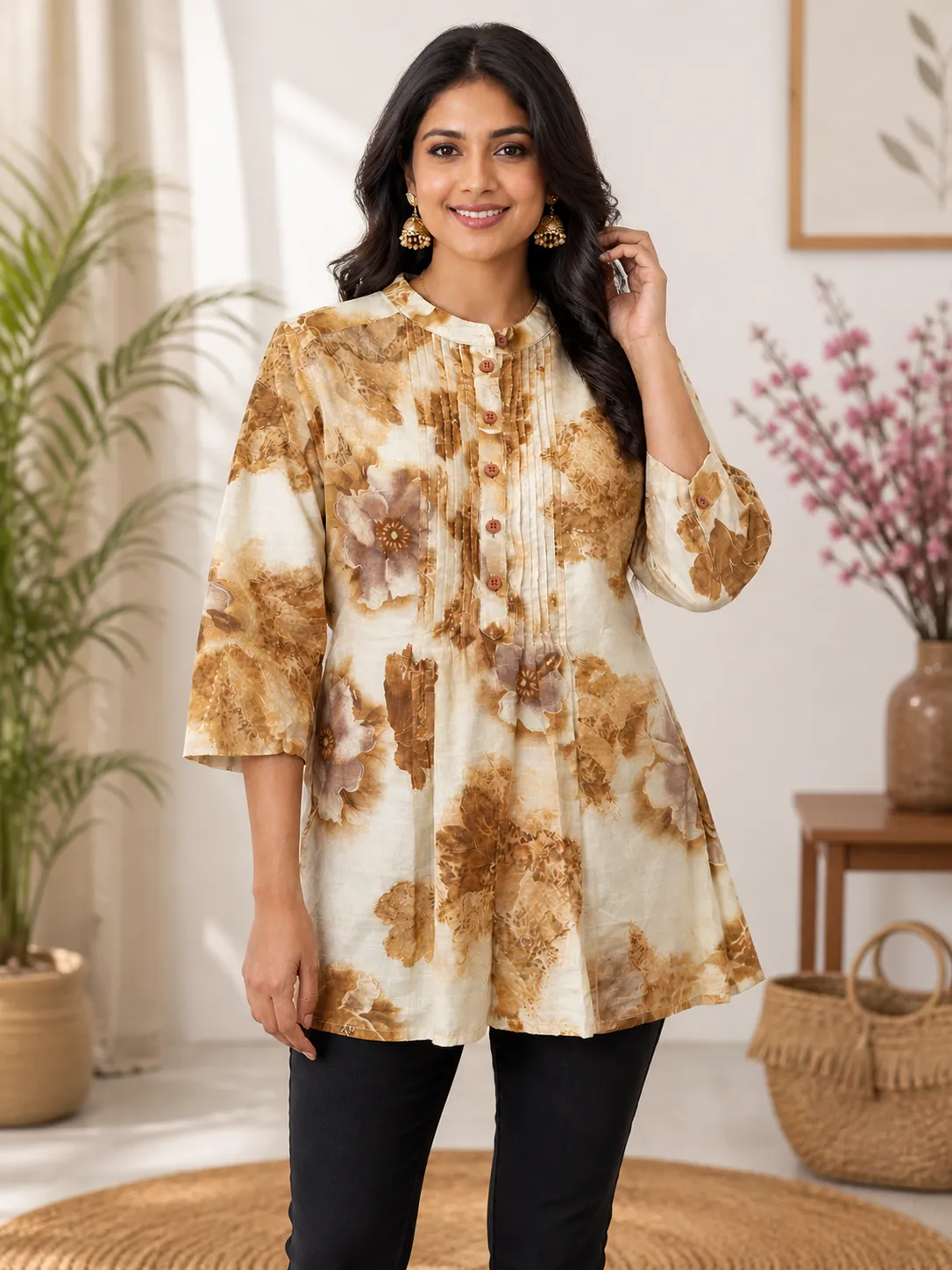 Beige & Brown Floral Muslin Tunic