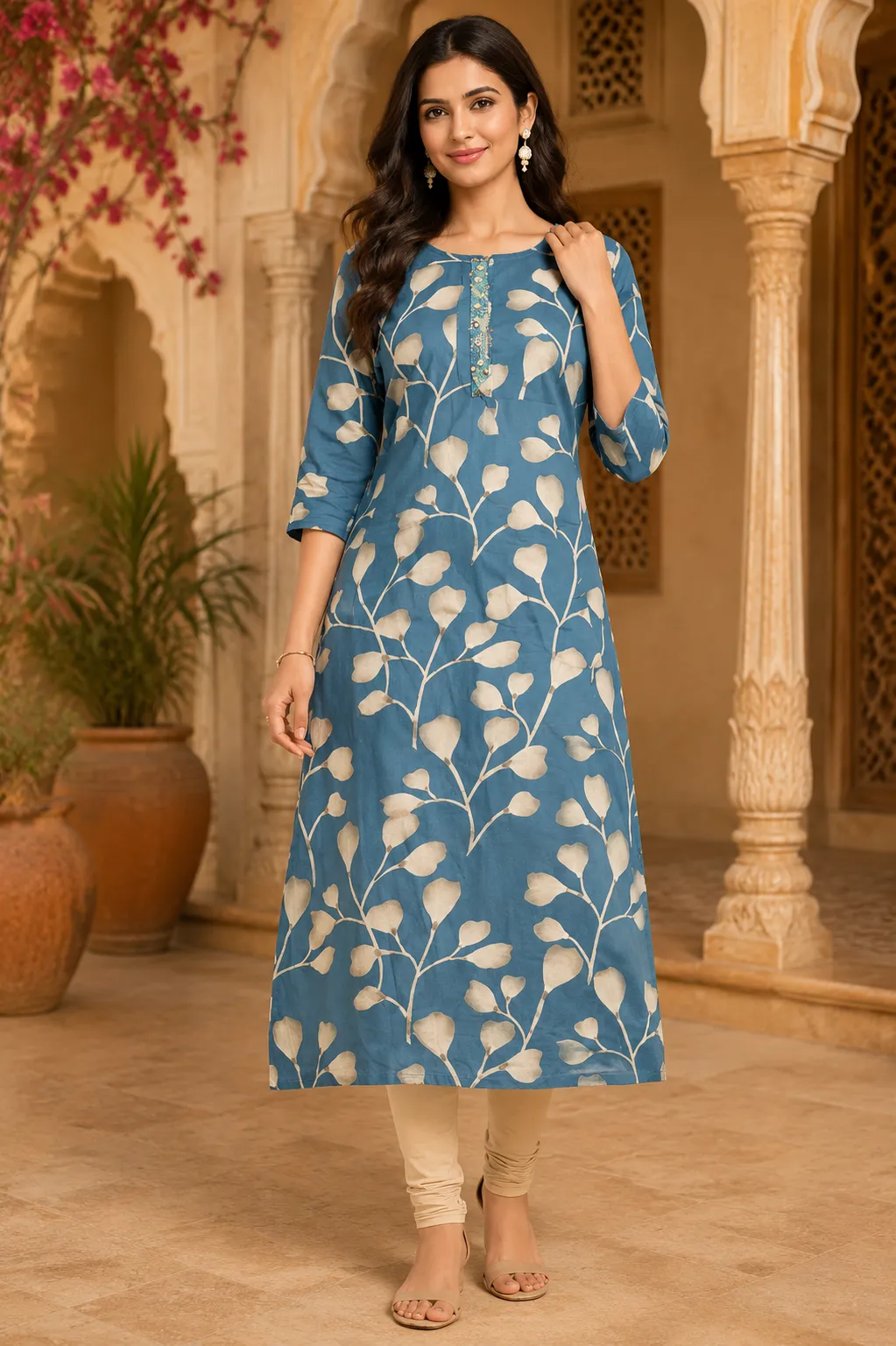 Blue Floral Print Rayon Straight Kurti