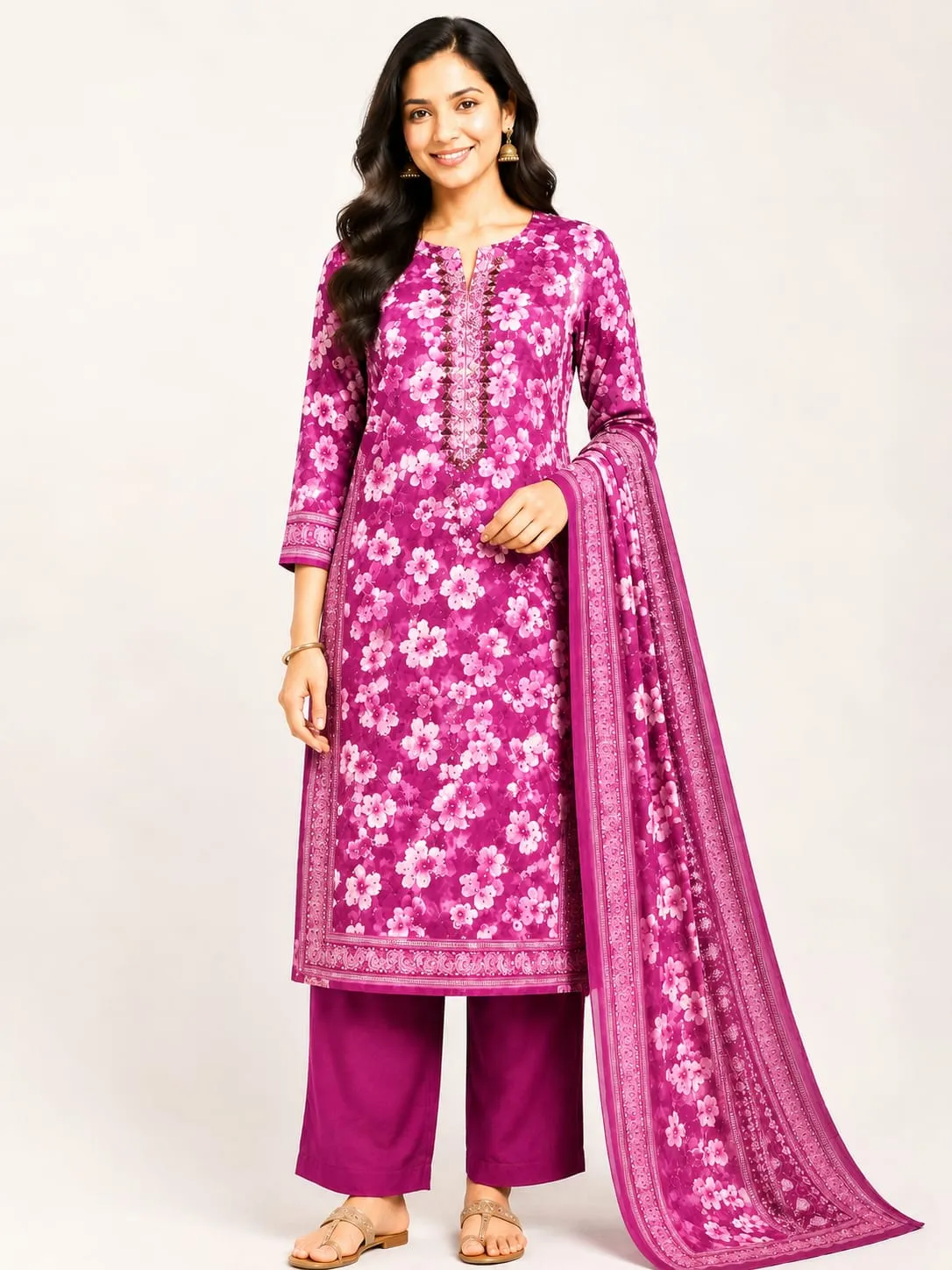 Purple Floral Printed Rayon Suit Set with Sequins