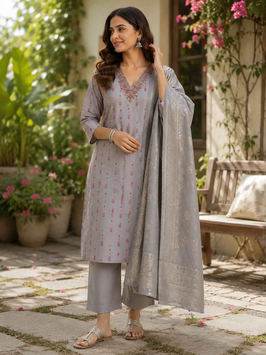 Silver Arrow Grace Kurta Set with Woven Dupatta