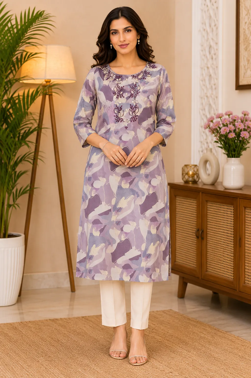 Purple Abstract Print Embroidered Kurti