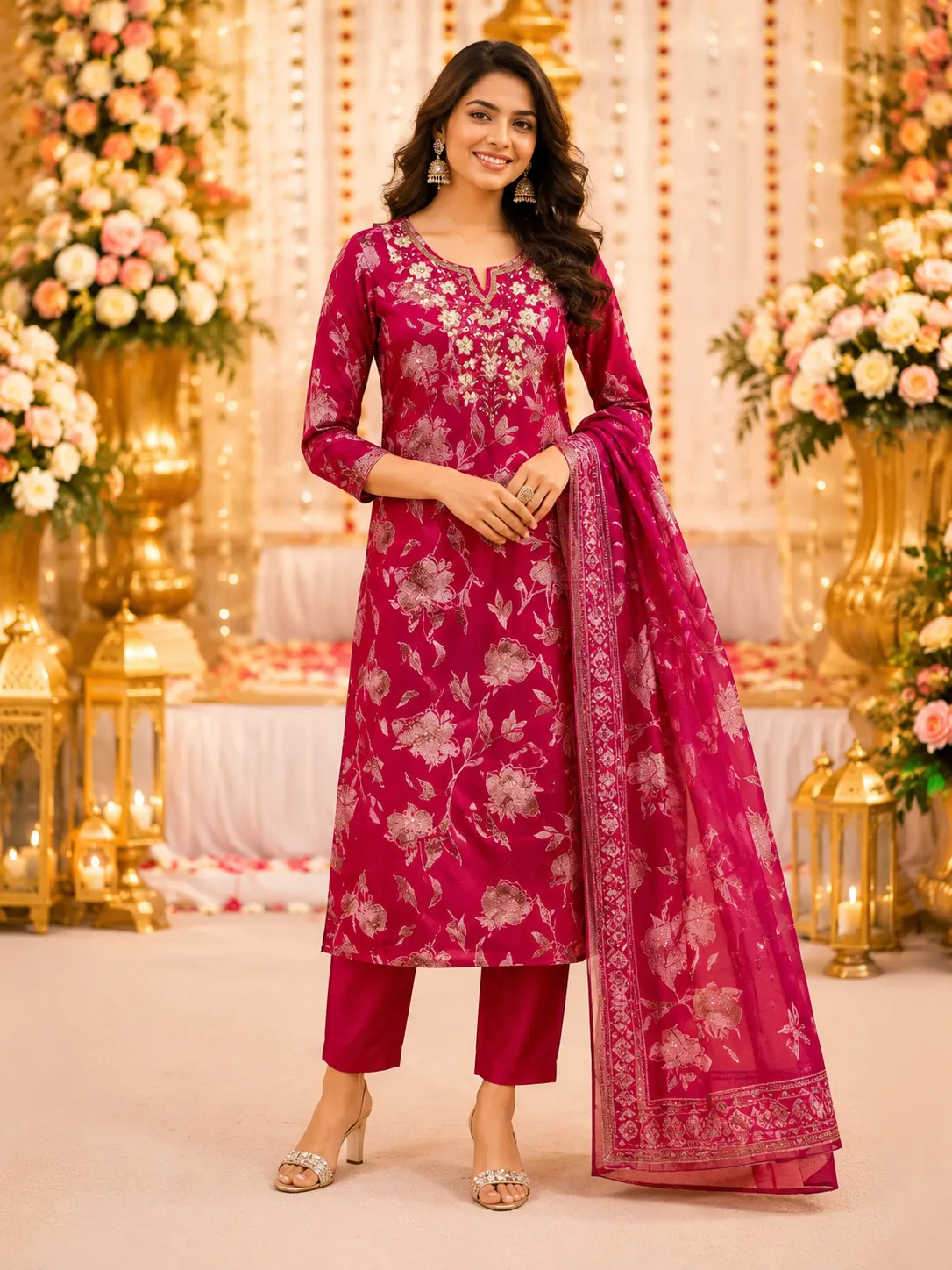 Pink Floral Embroidered undefined Suit Set