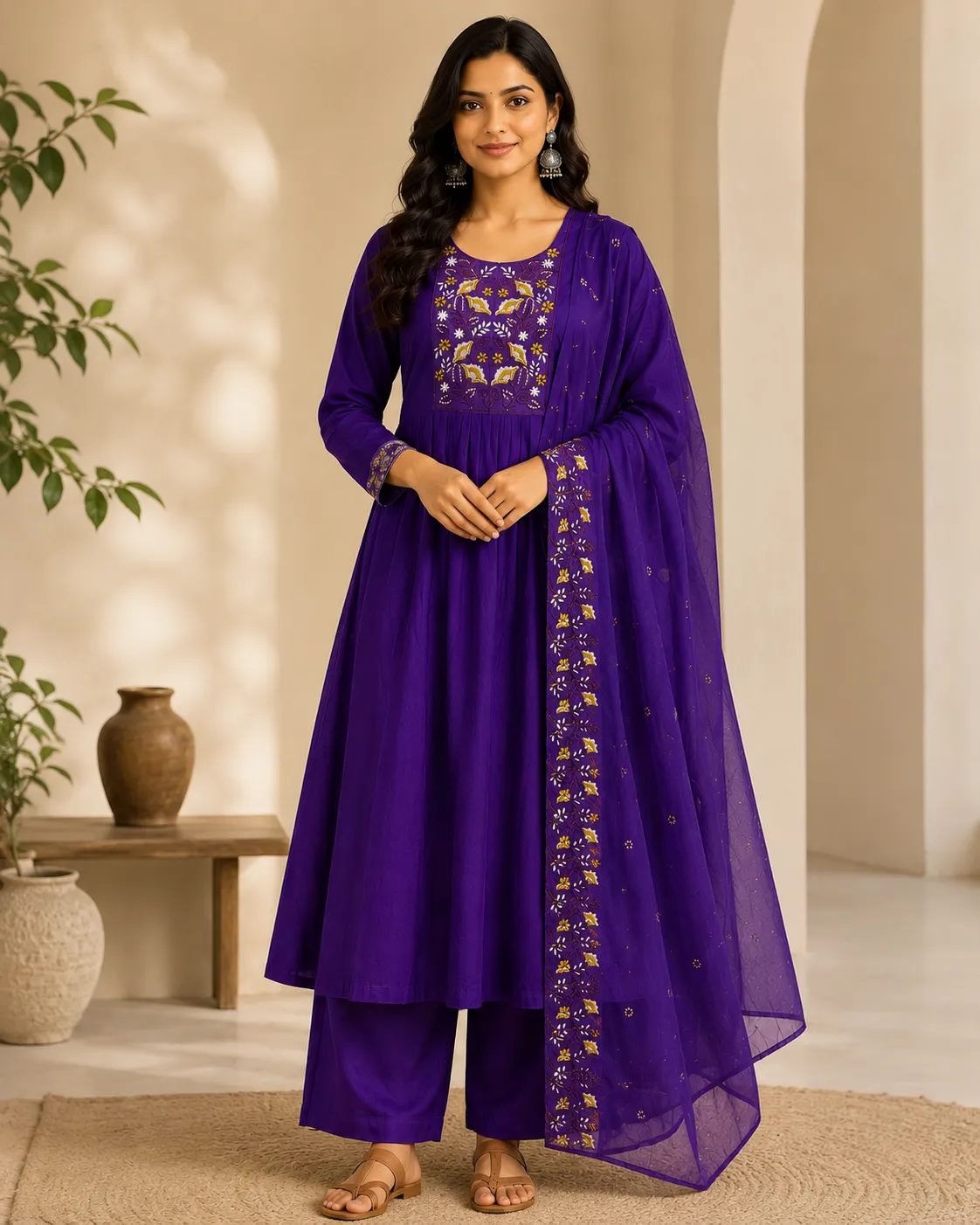 Purple Embroidered Mal Chanderi Anarkali SKD Set