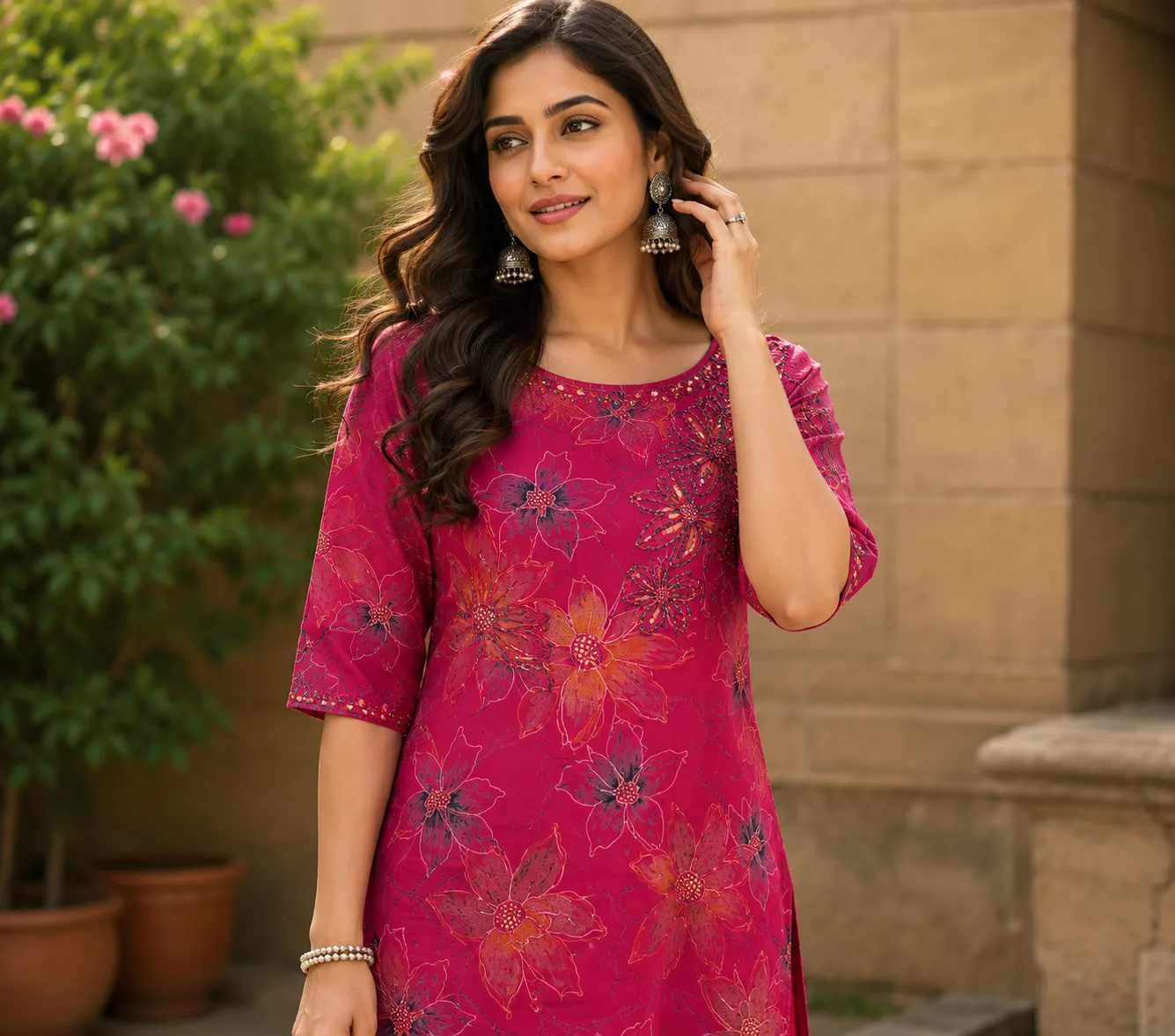 Pink Floral Kurti with Sequins