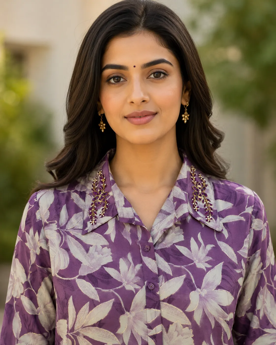 Purple Floral A-Line Kurti with Beaded Collar