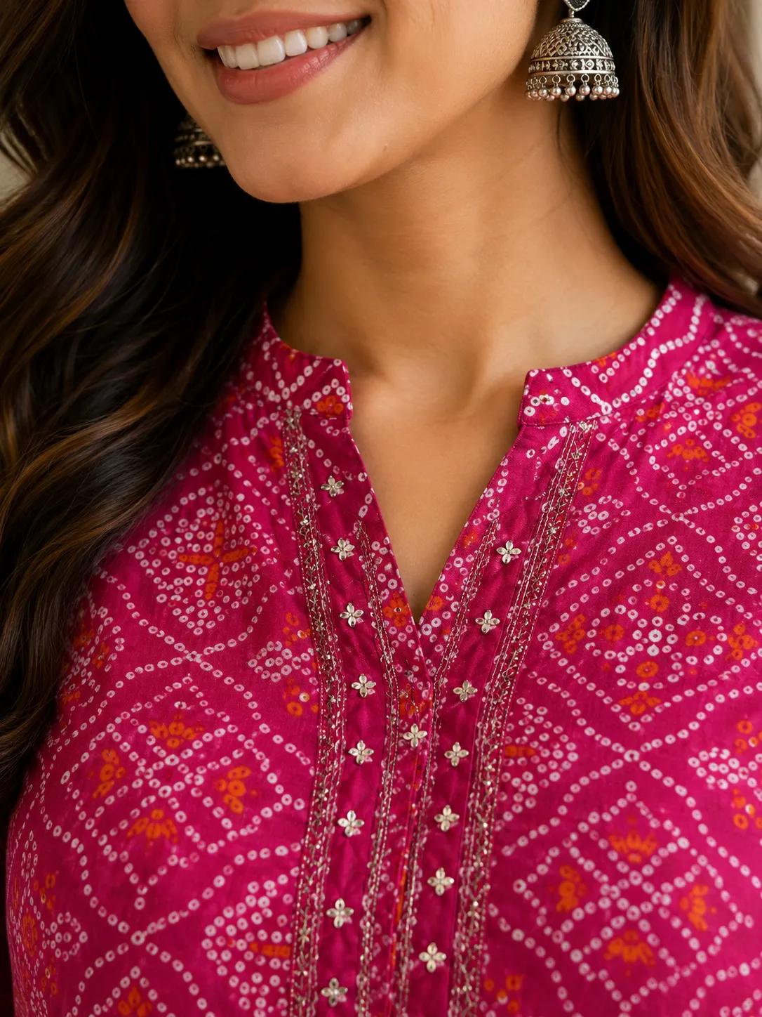 Pink Bandhani Print Rayon Kurta with Palazzo & Dupatta