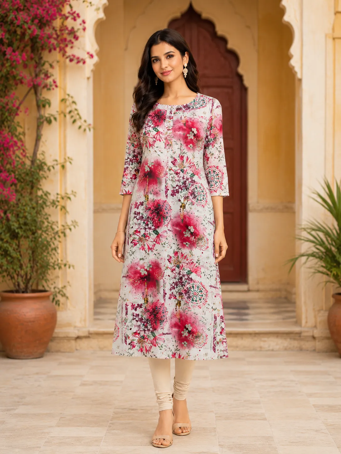 Grey & Red Floral Print Rayon Straight Kurti