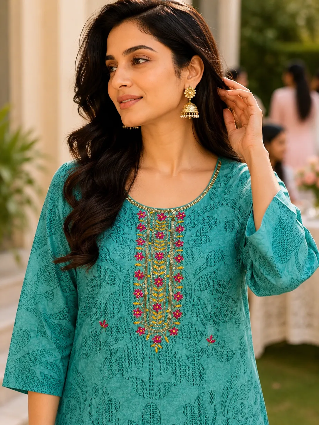Teal Blue Paisley Embroidered Crepe SKD Set