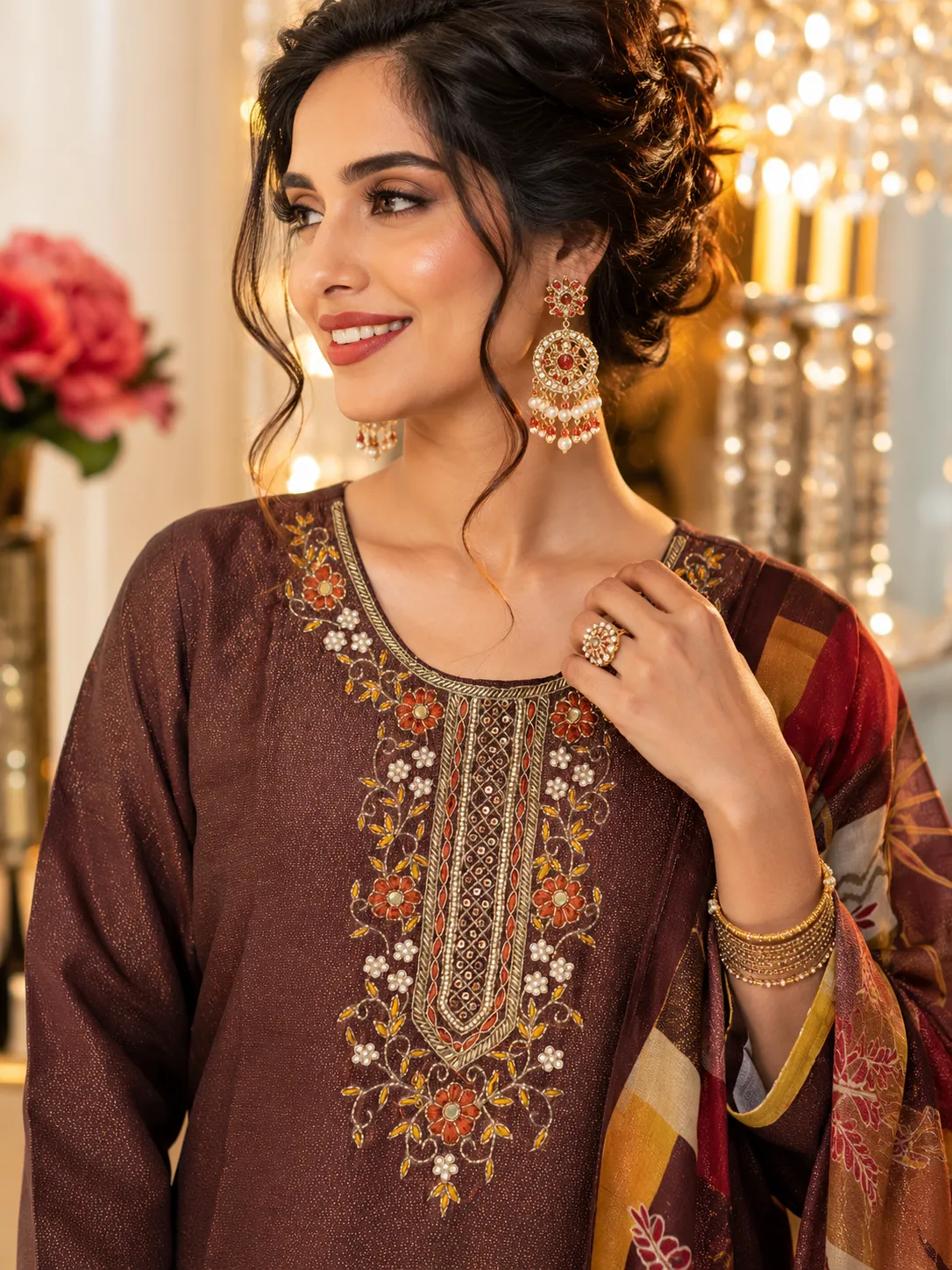 Maroon Embroidered SKD Set with Printed Dupatta