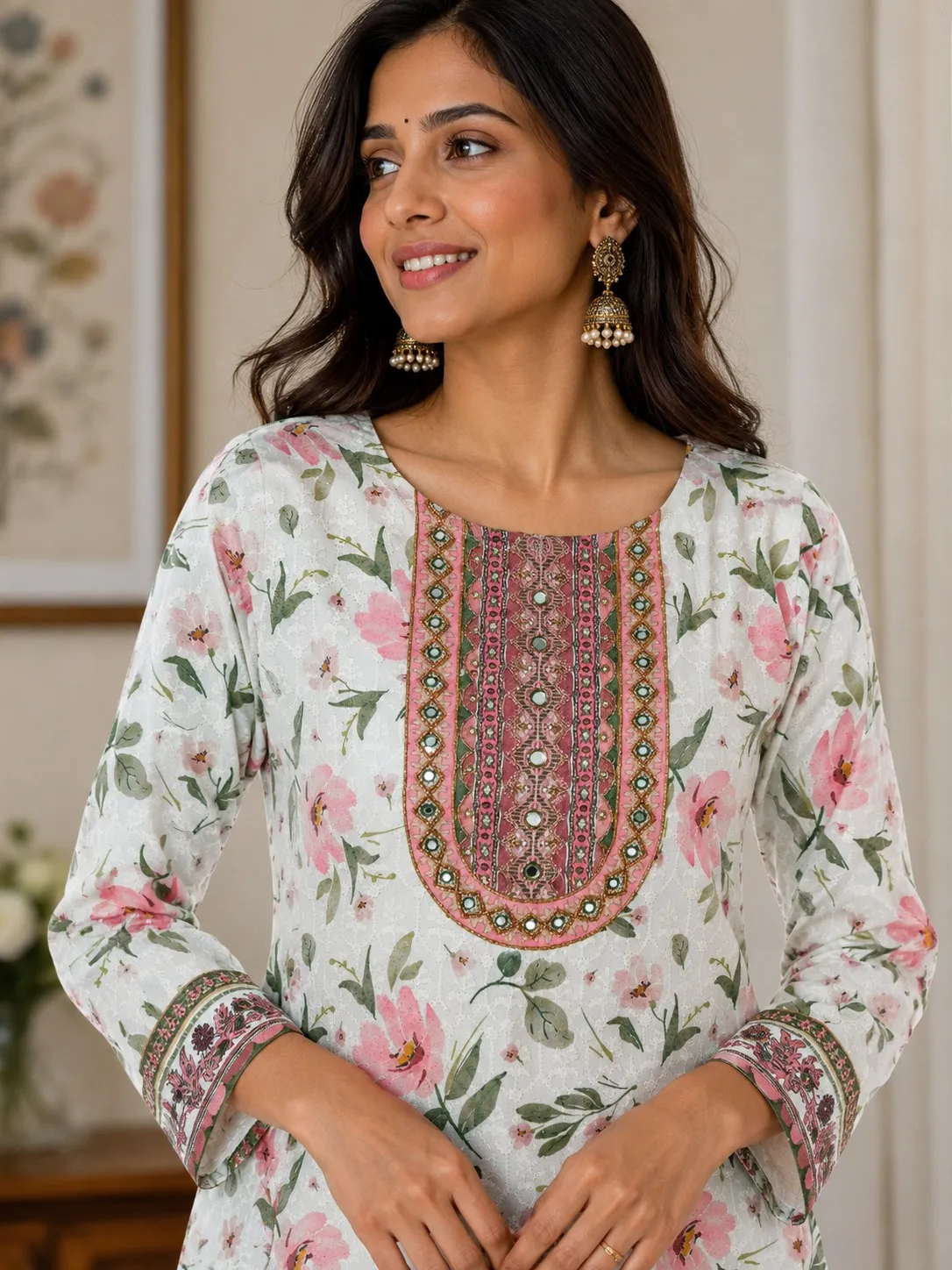 White & Pink Floral Print Rayon Sequence Kurti with Mirror Work