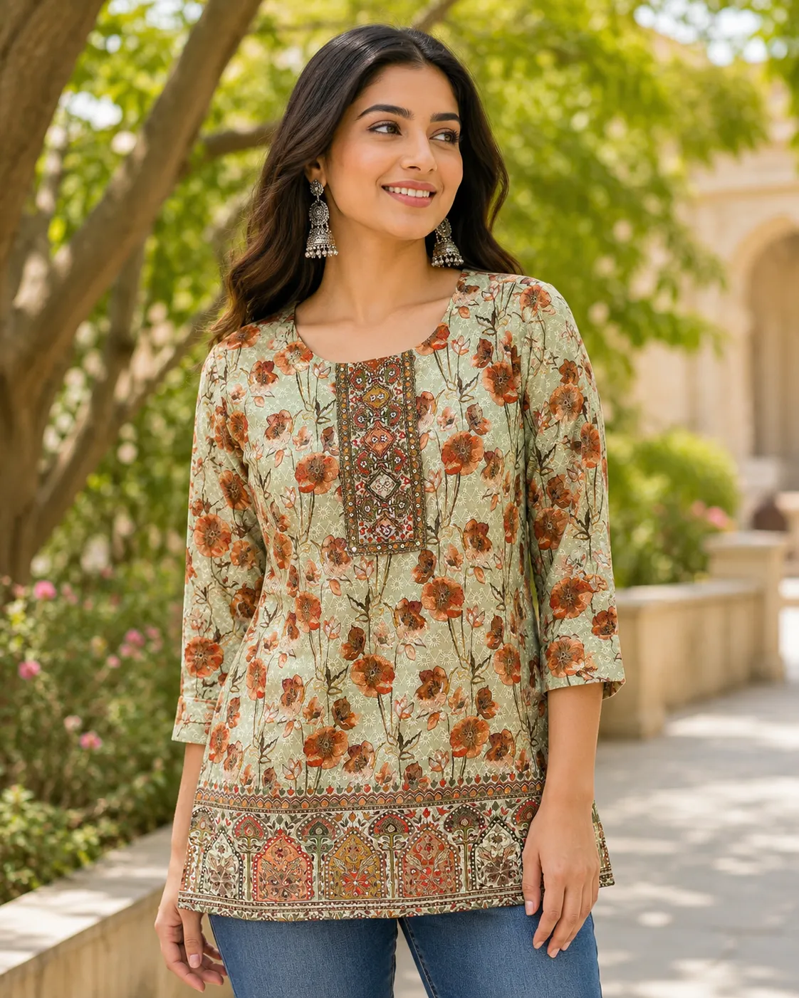 undefined Green Floral Printed Rayon Tunic