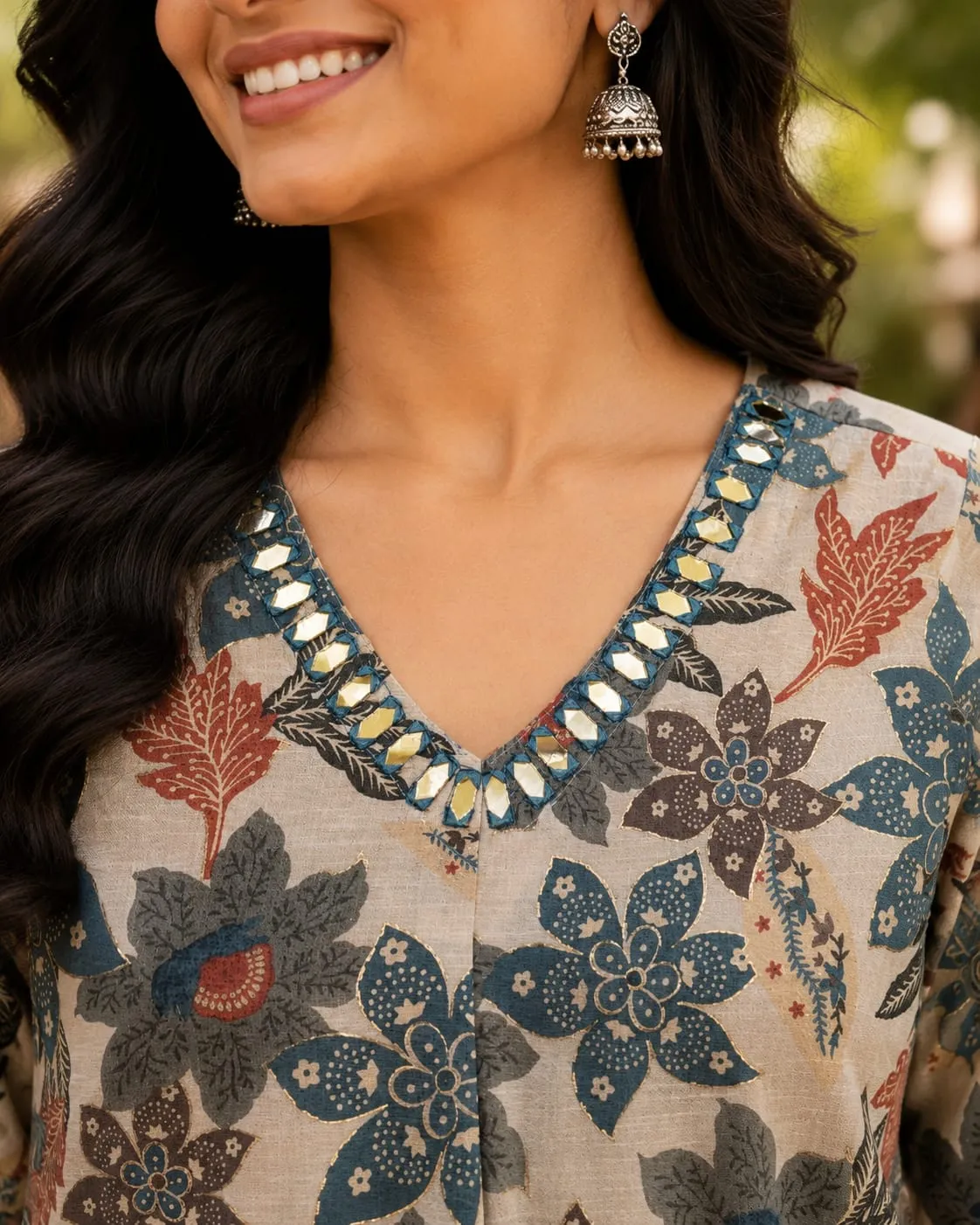 Beige Floral Printed Tunic with Mirror Work
