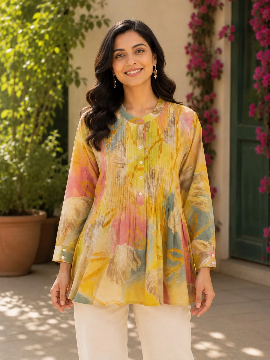 Yellow Abstract Print Viscose Tunic