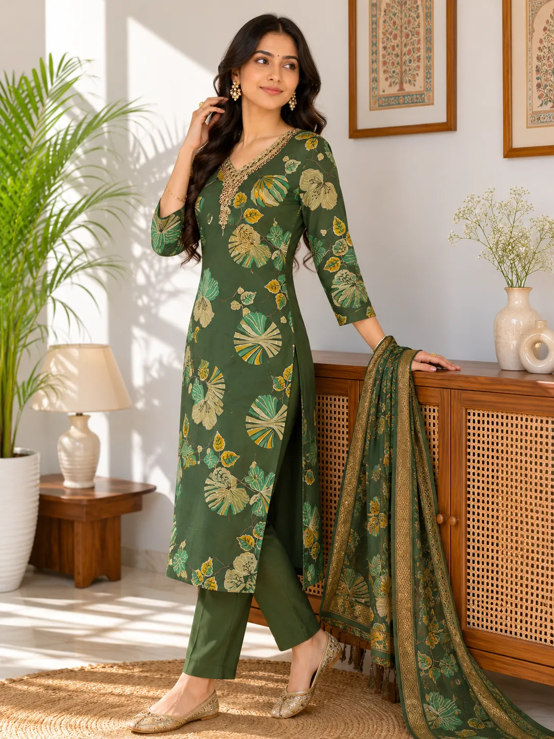 Olive Green Floral Print Muslin Kurta Set with Dupatta