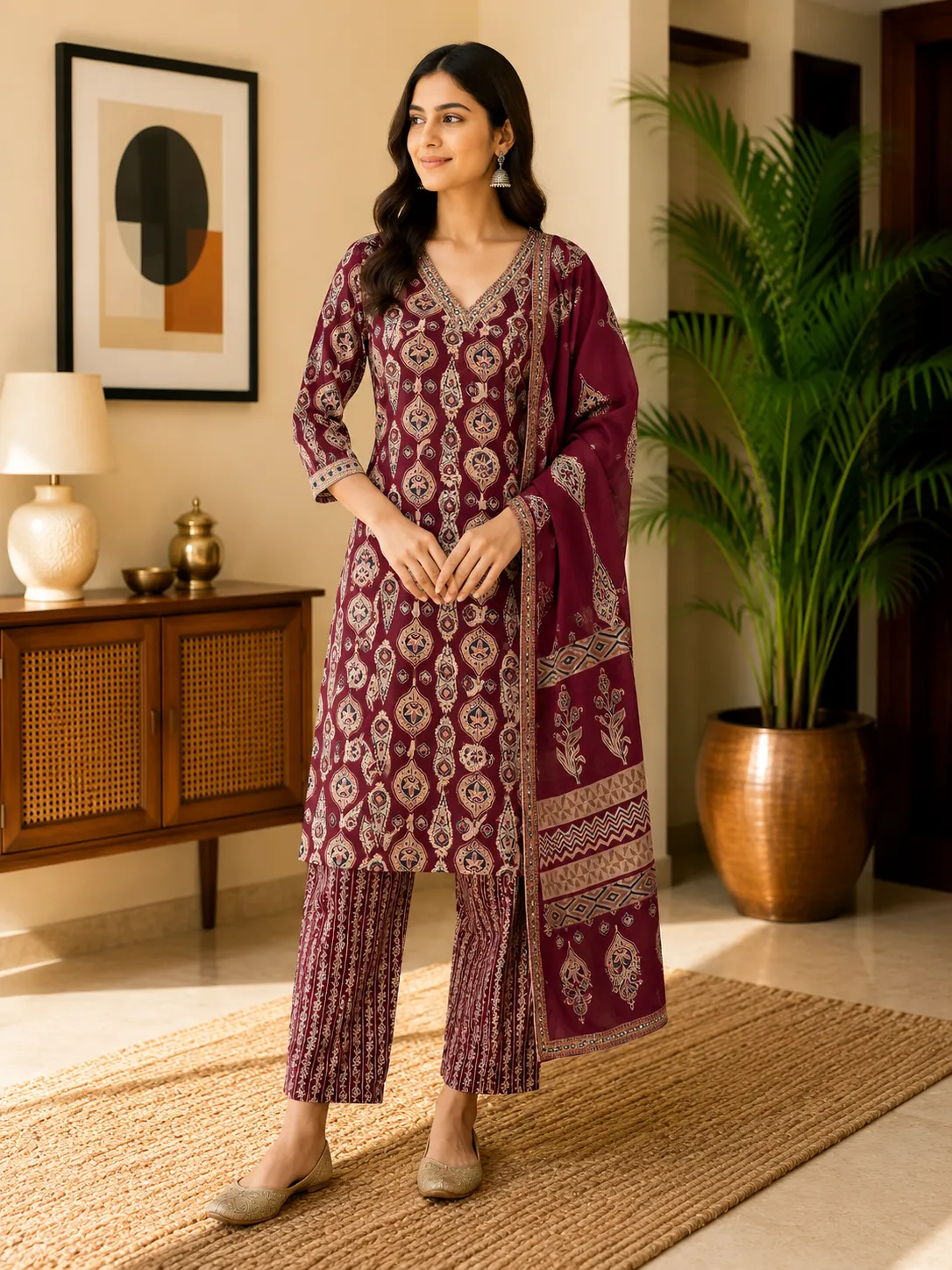 Maroon Paisley Print Rayon Kurta Set with Dupatta