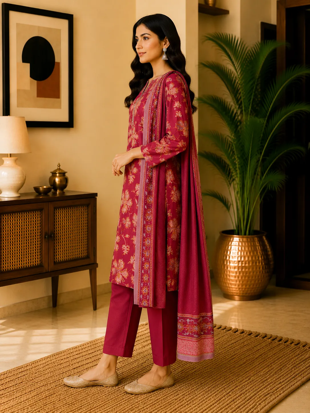 Maroon Floral Print Rayon Kurta Set with Dupatta