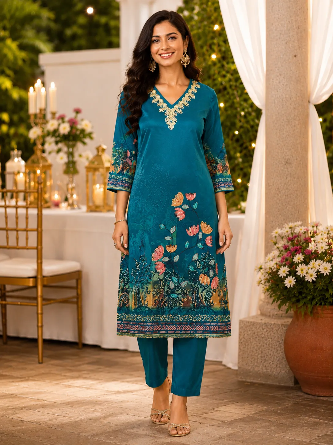 Blue Crepe Viscose Digital Print Embroidered Kurti