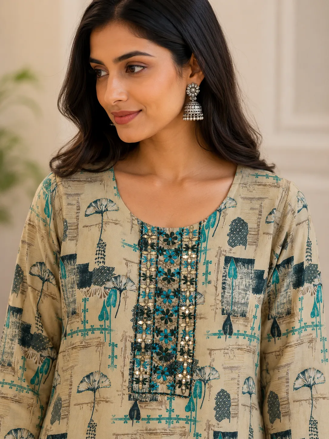 Beige Abstract Rayon Print Kurti