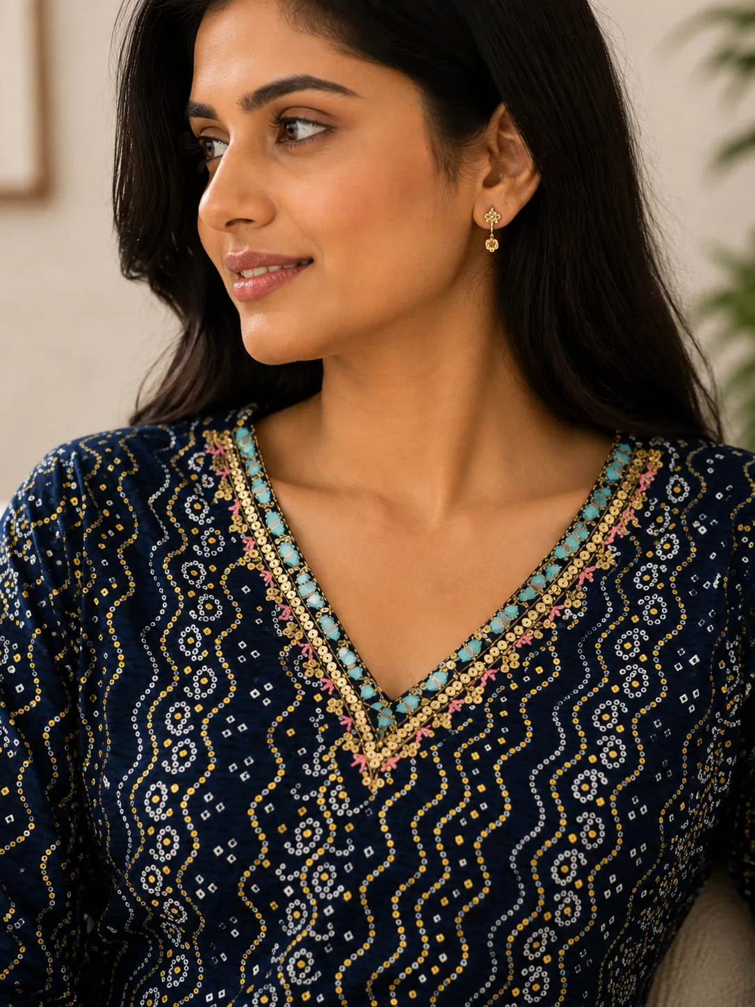 Navy Blue Bandhani Print Rayon Kurti