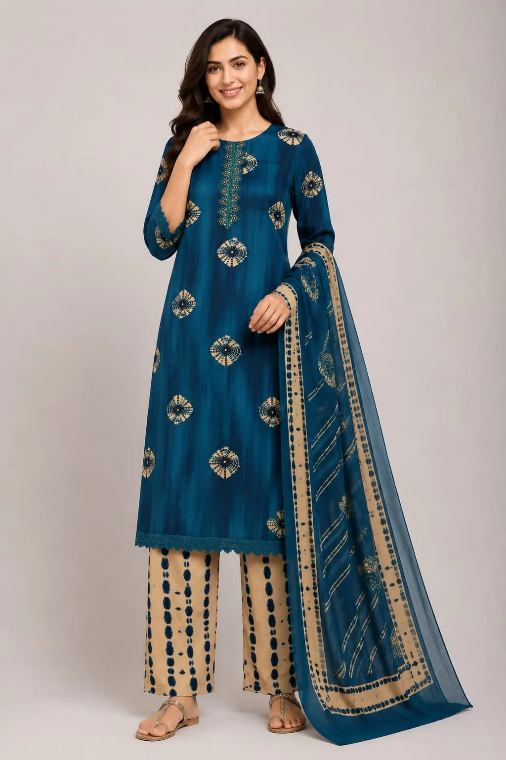 Blue Bandhani Print Rayon Kurta Set with Palazzo & Dupatta