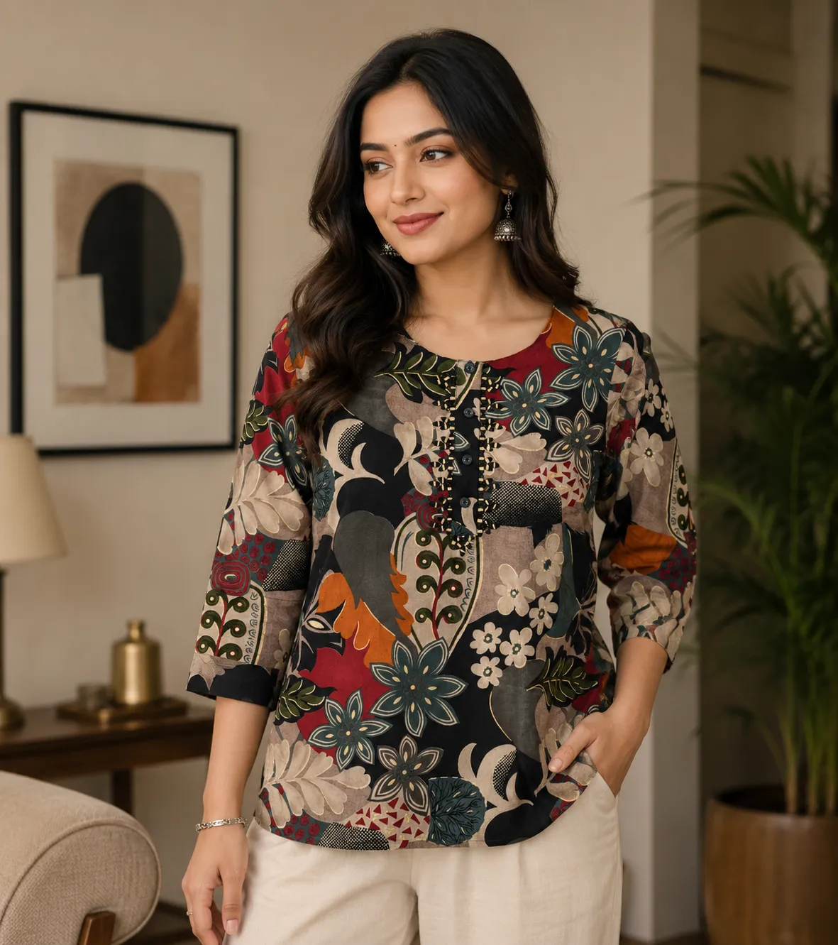Multi-Color Floral Print Rayon 3/4 Sleeve Top