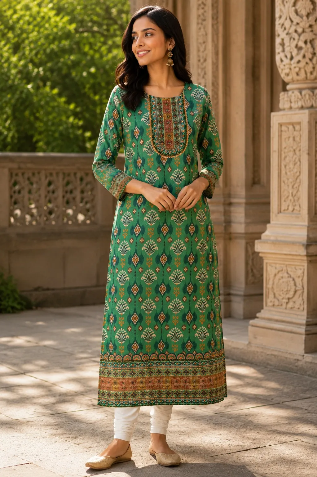 Green Ikat Print Rayon Kurti with Mirror Work