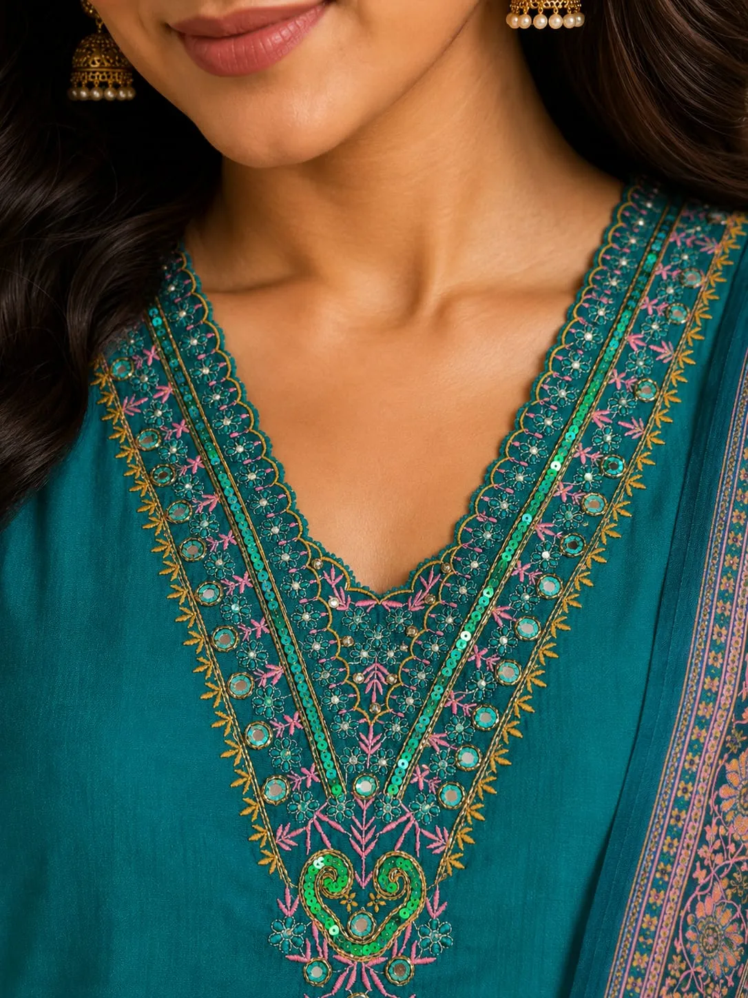 Green Embroidered SKD Set with Floral Dupatta