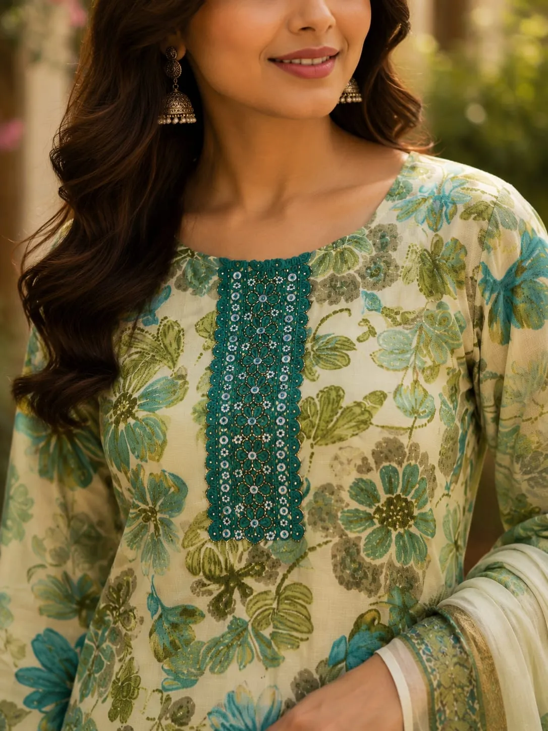 Beige Floral Vetican SKD with Beaded Placket