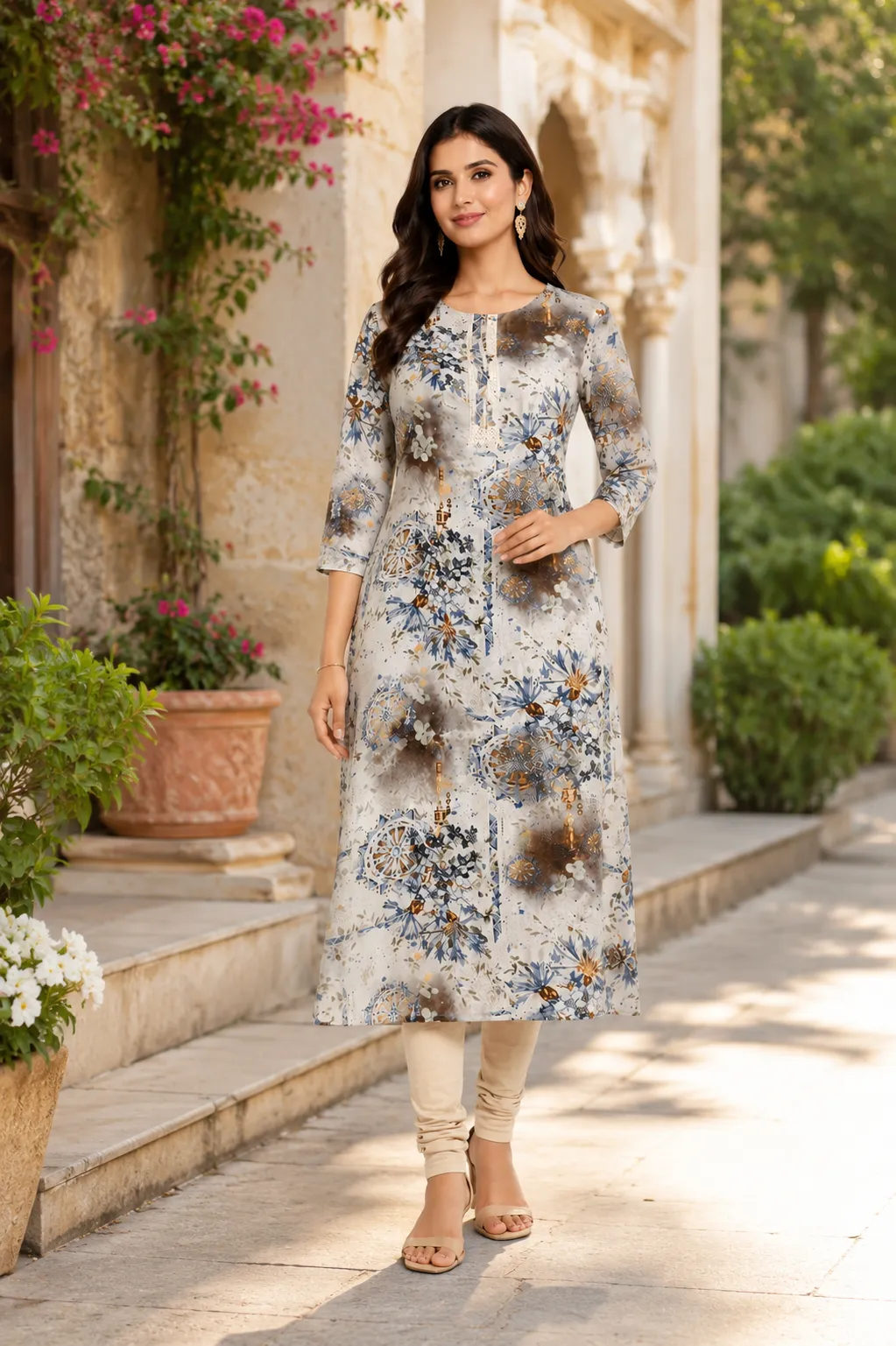 Grey & Blue Floral Print Rayon Kurti