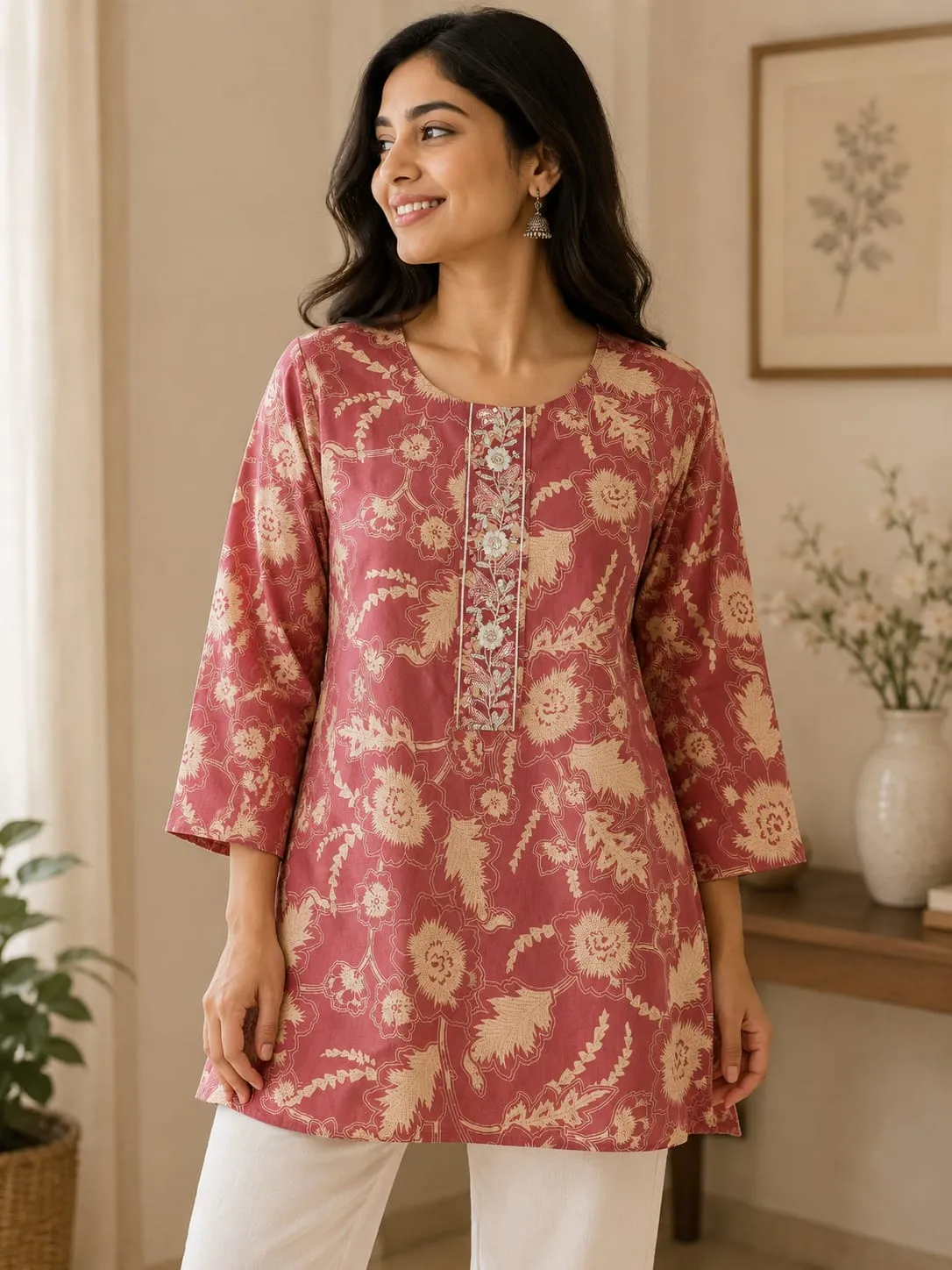Red Floral Embroidered Cotton Tunic