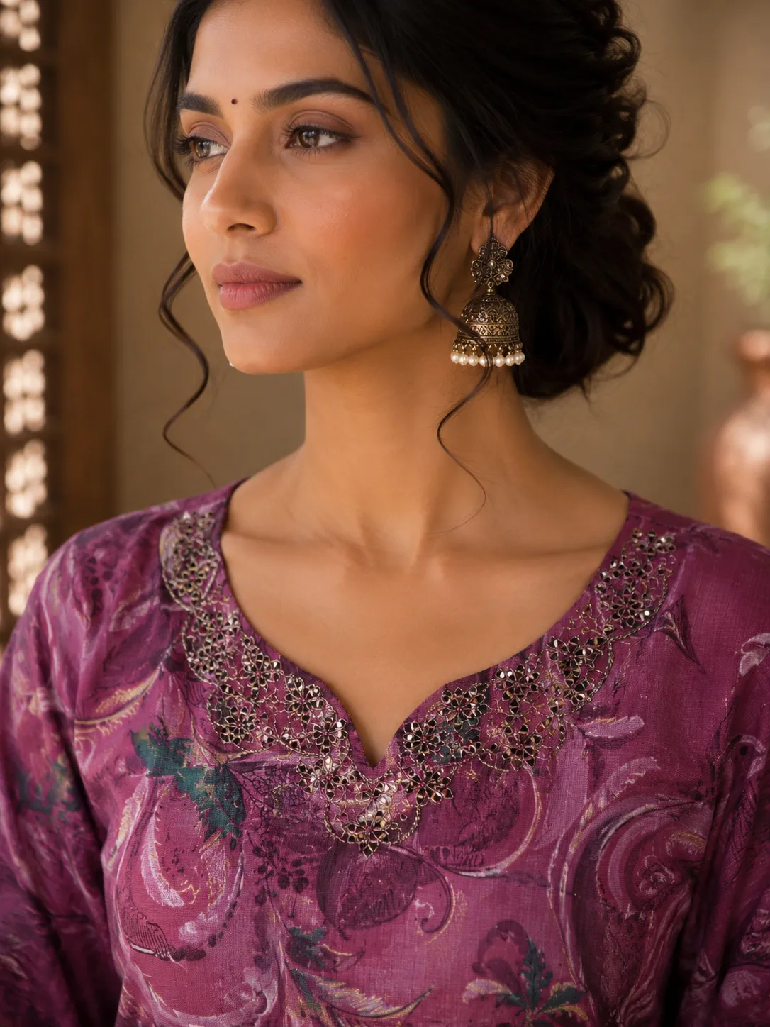 Purple Floral Vetican Kurta Set with Sequin Embellishment