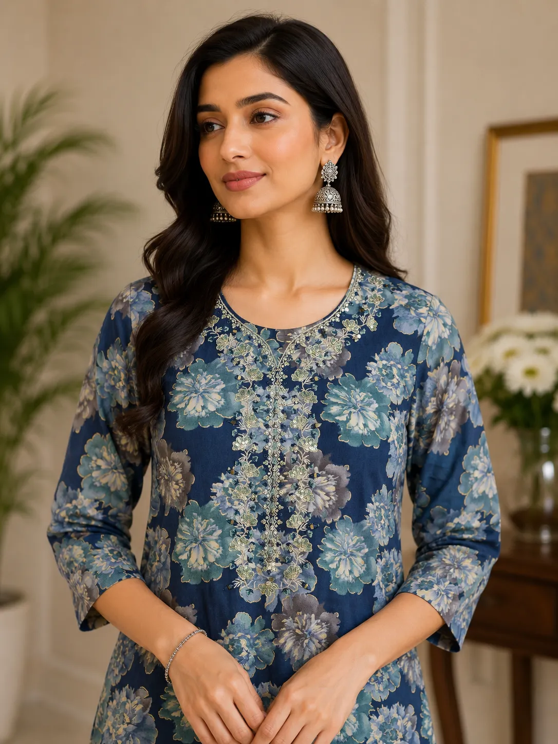 Navy Blue Floral Embroidered Rayon Kurti