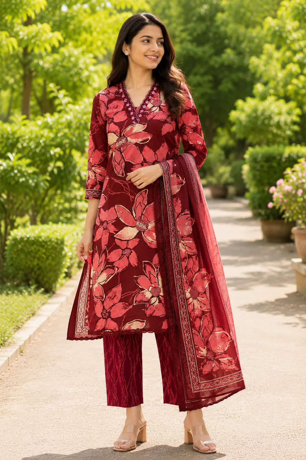 Maroon Floral Printed Rayon Kurta Set