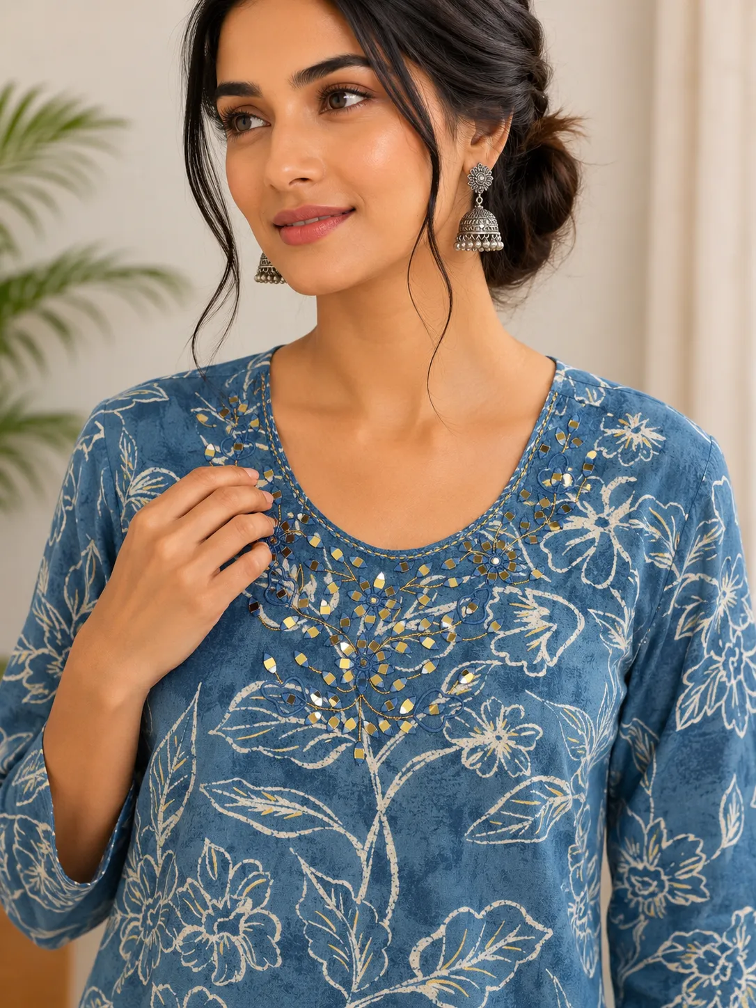 Blue Floral Print Rayon Kurti with Mirror Work